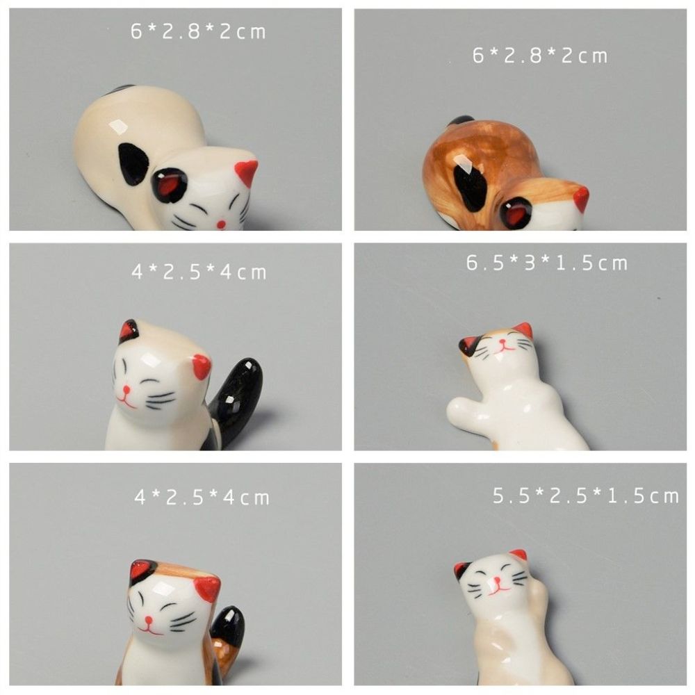 A set of six porcelain cat chopstick holders in various adorable poses, perfect for dining decor.