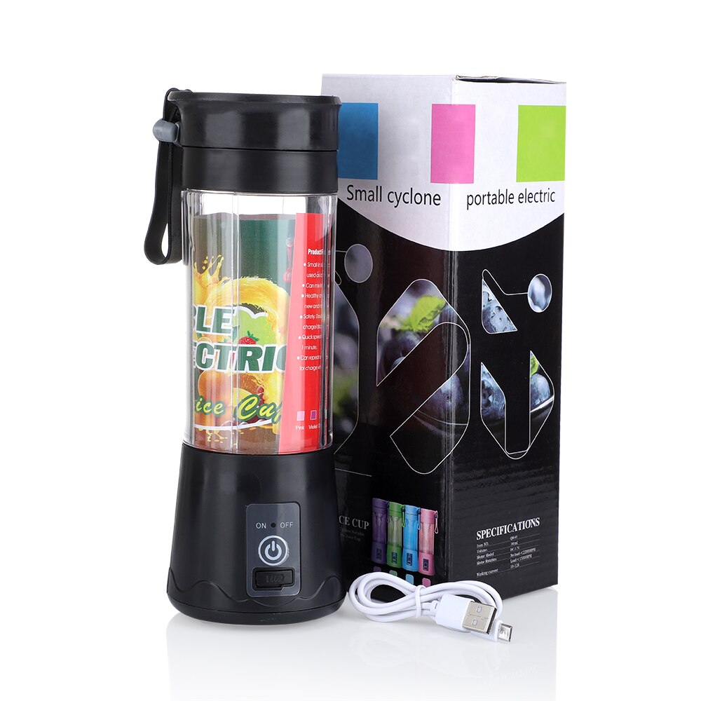 Portable USB electric fruit juicer with stainless steel blade and food-grade ABS material, ideal for smoothies and juices.