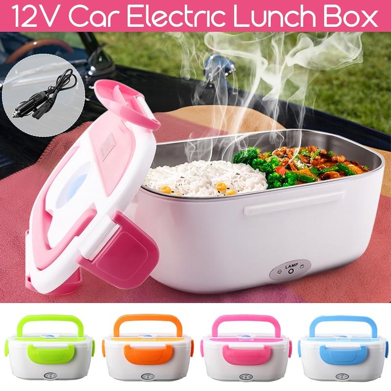 Portable Mobile Heated Lunch Box with 12V car lighter adapter, compact design, and ABS plastic material.