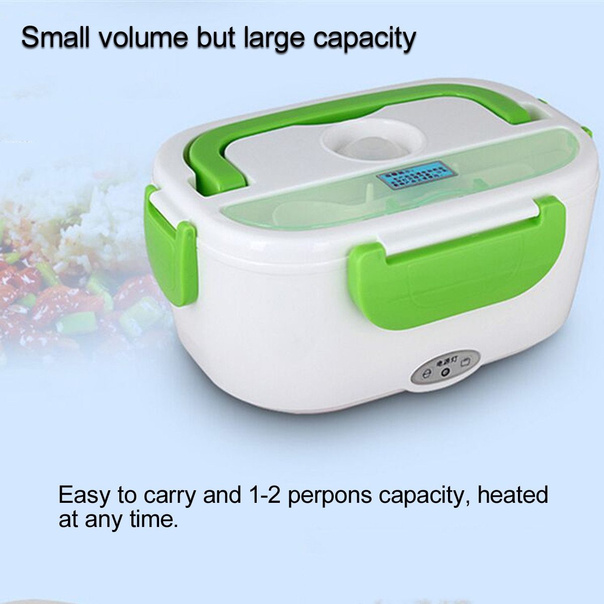 Portable Mobile Heated Lunch Box with 12V car lighter adapter, compact design, and ABS plastic material.