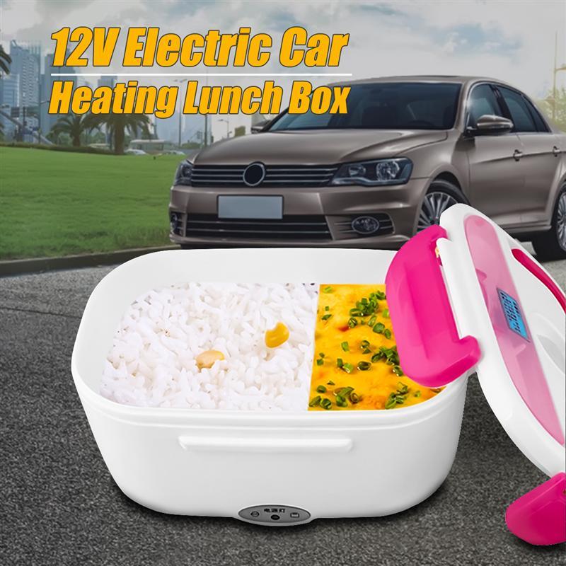 Portable Mobile Heated Lunch Box with 12V car lighter adapter, compact design, and ABS plastic material.