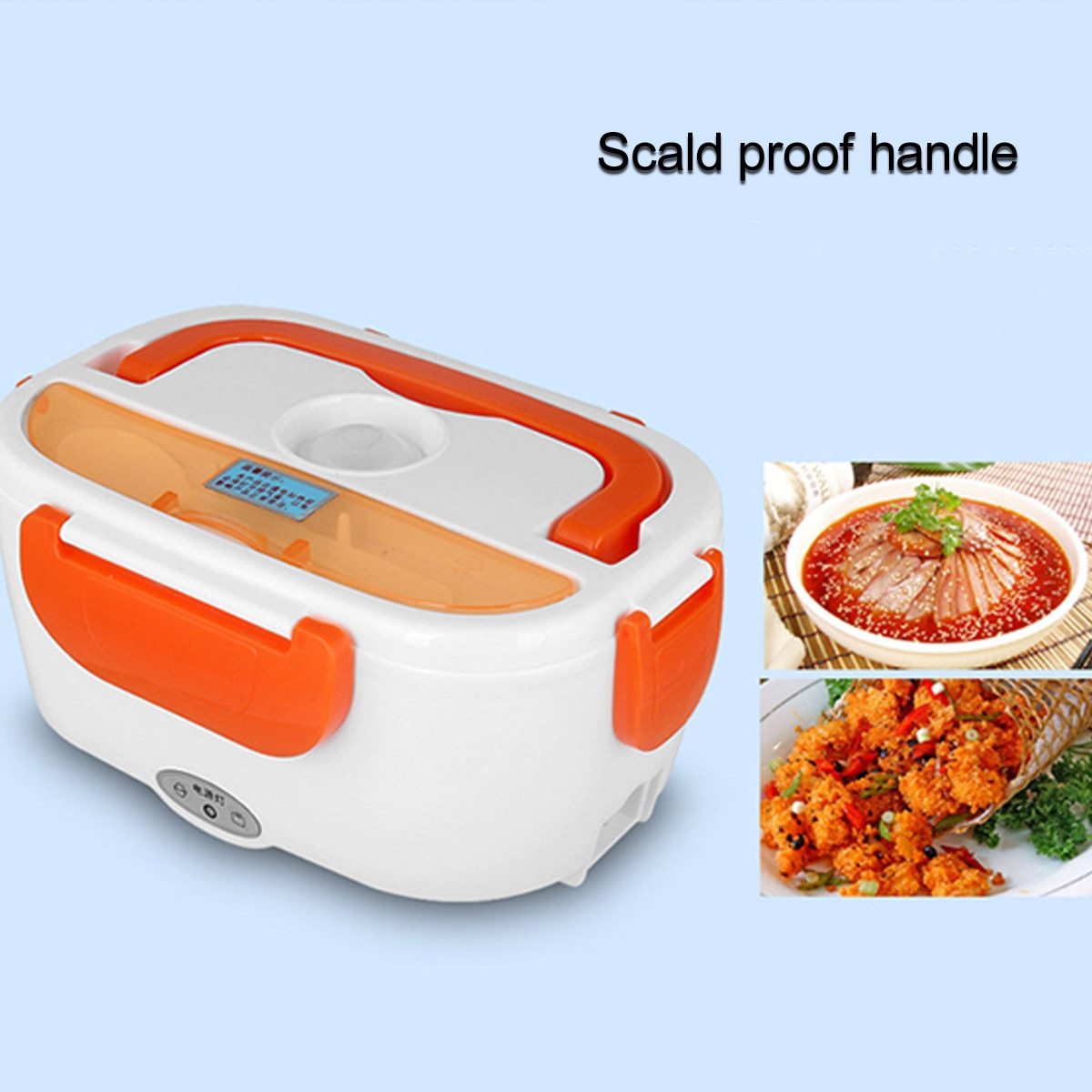 Portable Mobile Heated Lunch Box with 12V car lighter adapter, compact design, and ABS plastic material.