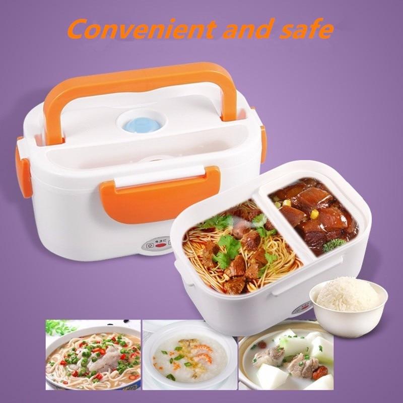 Portable Mobile Heated Lunch Box with 12V car lighter adapter, compact design, and ABS plastic material.