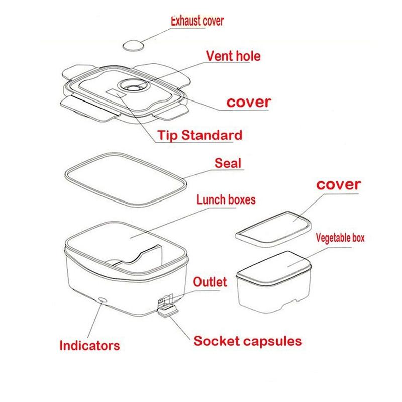 Portable Mobile Heated Lunch Box with 12V car lighter adapter, compact design, and ABS plastic material.