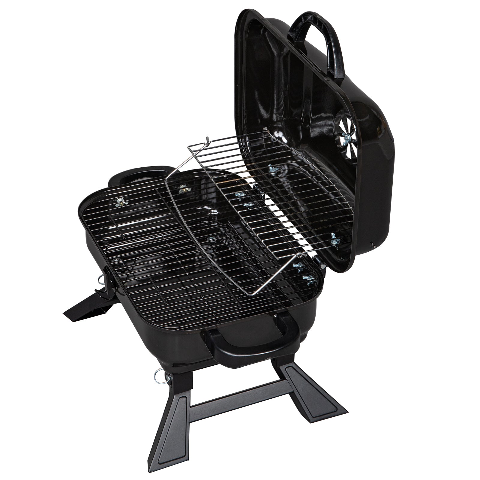 Portable Tabletop BBQ Charcoal Grill with foldable design, ideal for outdoor cooking.