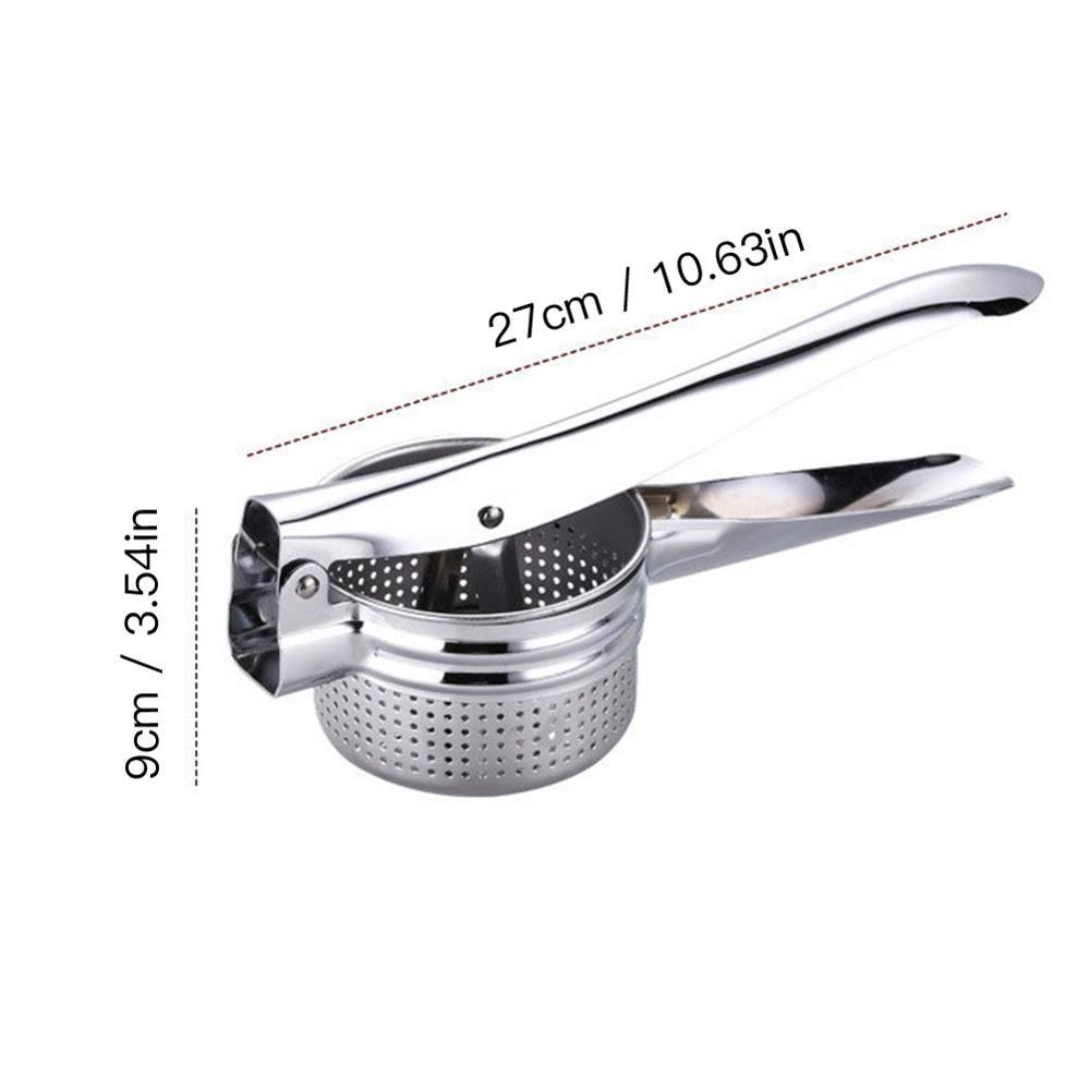 Premium Stainless Steel Potato and Food Presser with ergonomic handle and multiple holes for even crushing.