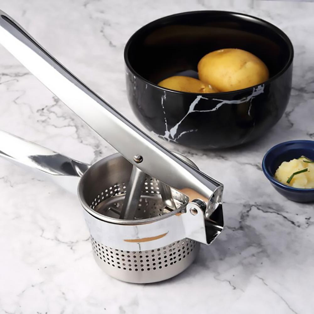 Premium Stainless Steel Potato and Food Presser with ergonomic handle and multiple holes for even crushing.