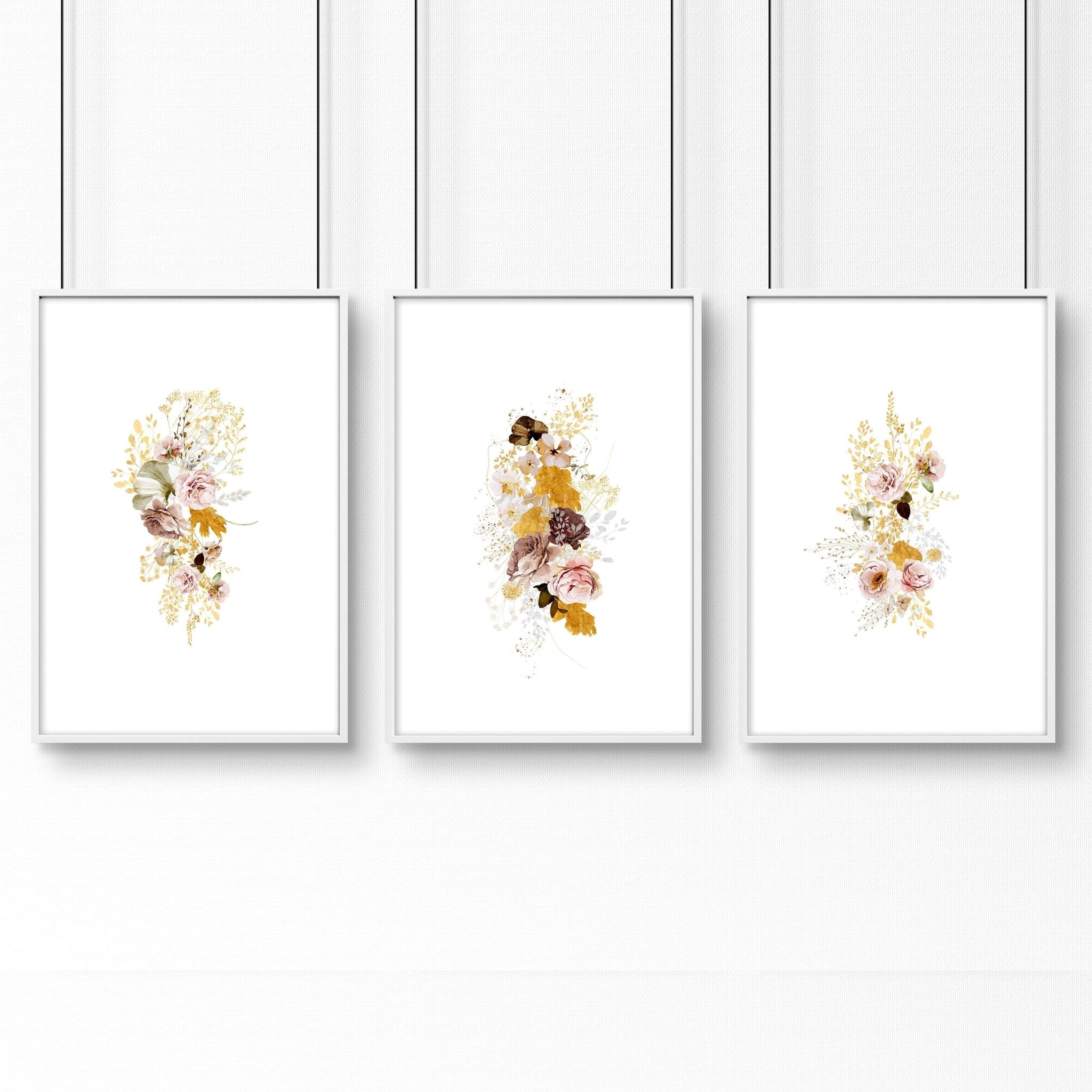 Set of 3 framed Earth Toned Shabby Chic Botanical Prints for kitchen wall decor, featuring vintage-inspired botanical illustrations in earthy tones.