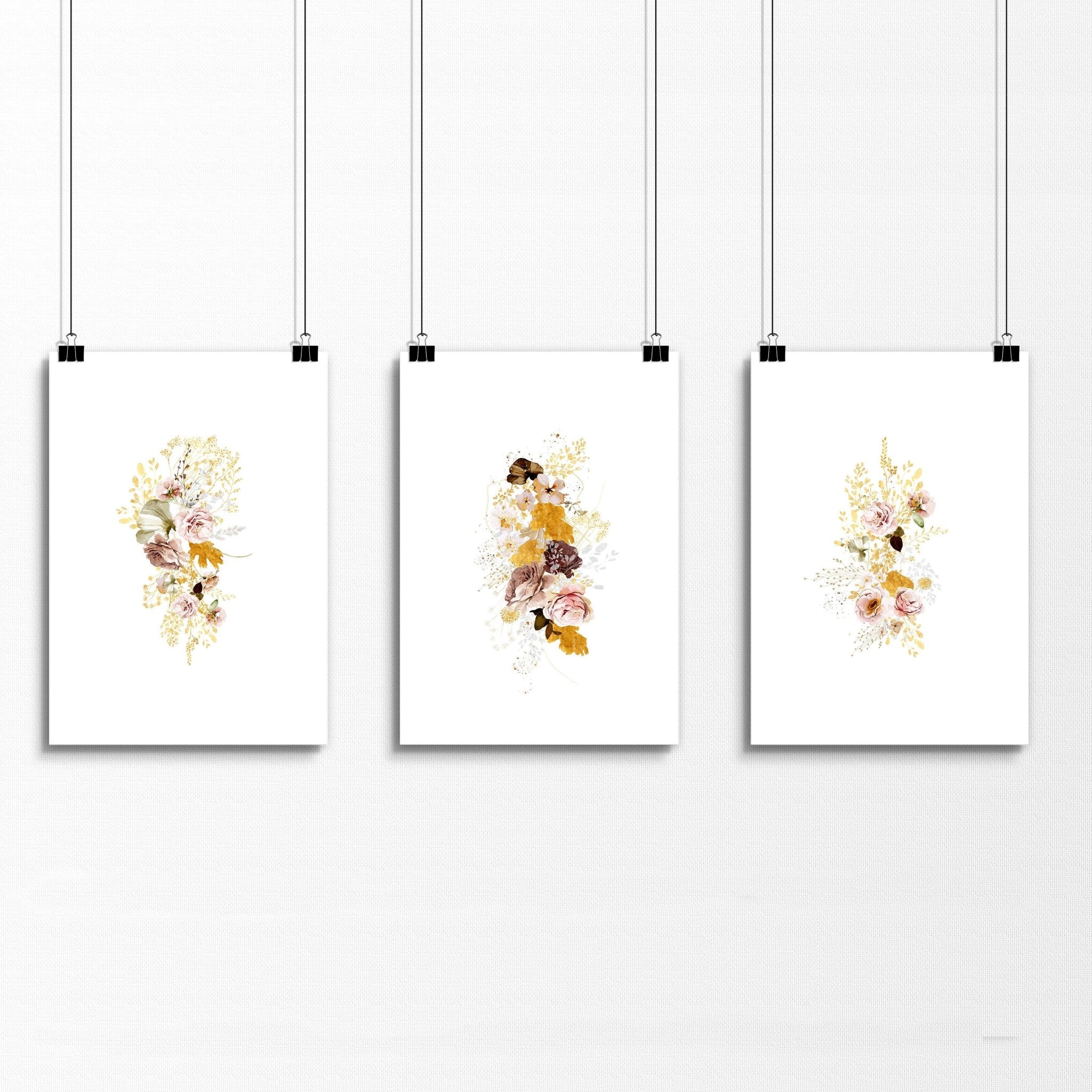 Set of 3 framed Earth Toned Shabby Chic Botanical Prints for kitchen wall decor, featuring vintage-inspired botanical illustrations in earthy tones.