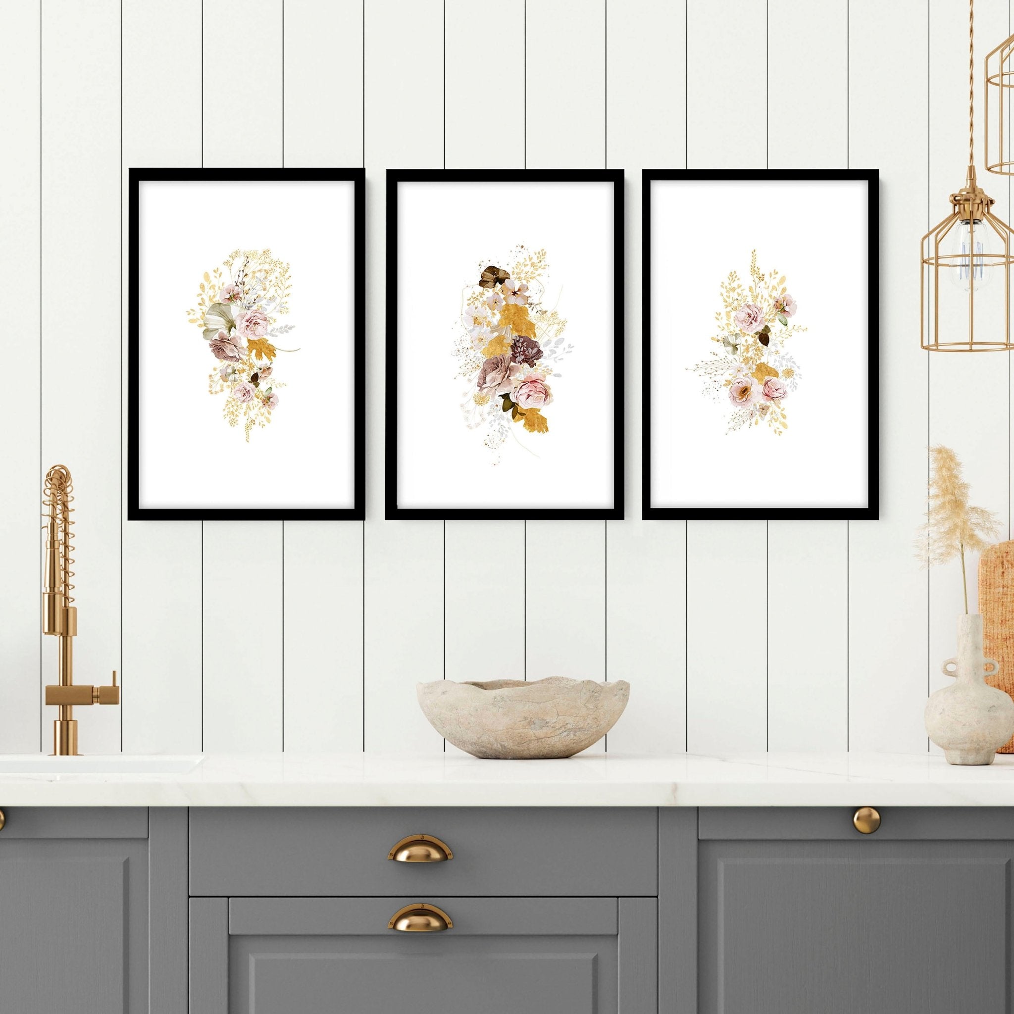 Set of 3 framed Earth Toned Shabby Chic Botanical Prints for kitchen wall decor, featuring vintage-inspired botanical illustrations in earthy tones.