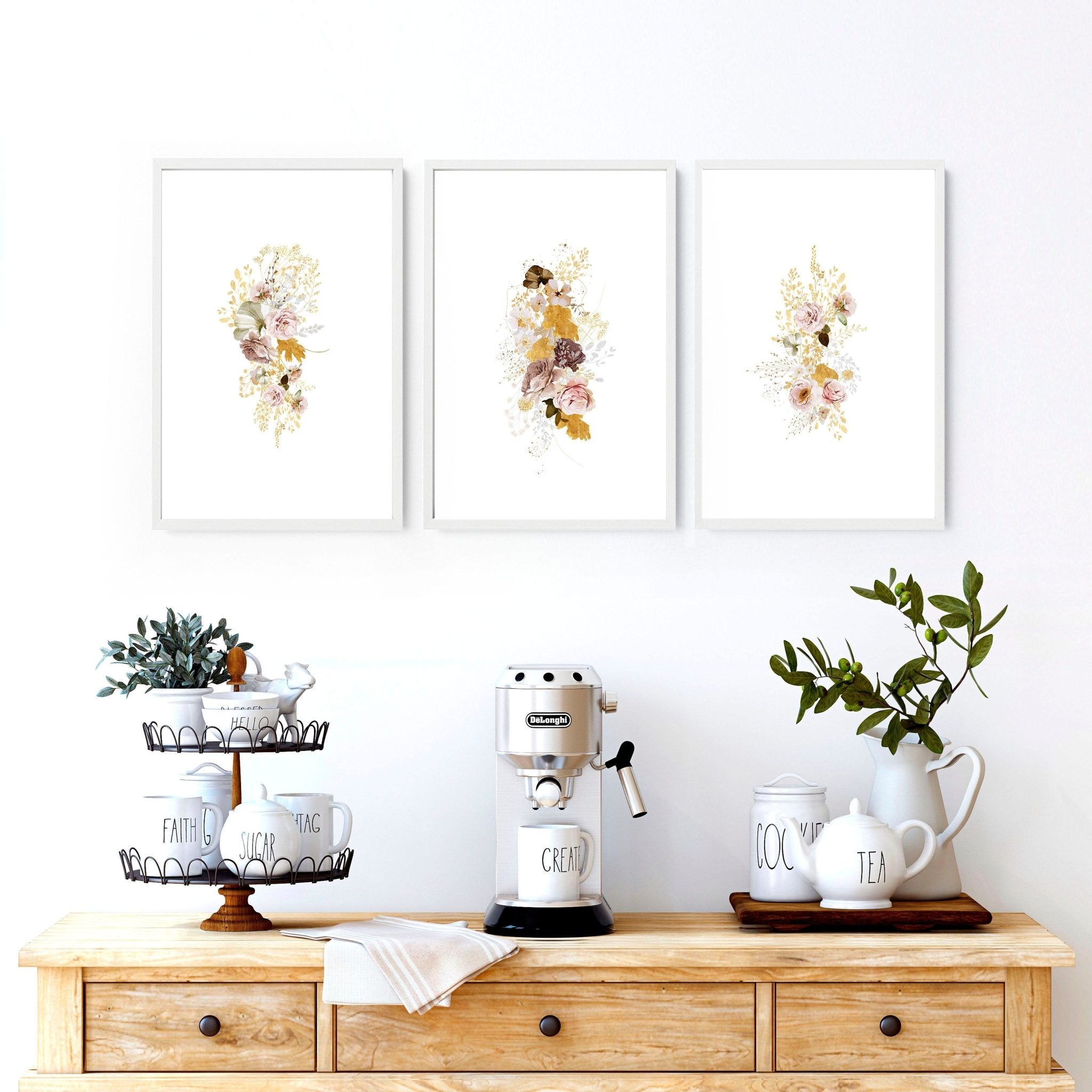 Set of 3 framed Earth Toned Shabby Chic Botanical Prints for kitchen wall decor, featuring vintage-inspired botanical illustrations in earthy tones.