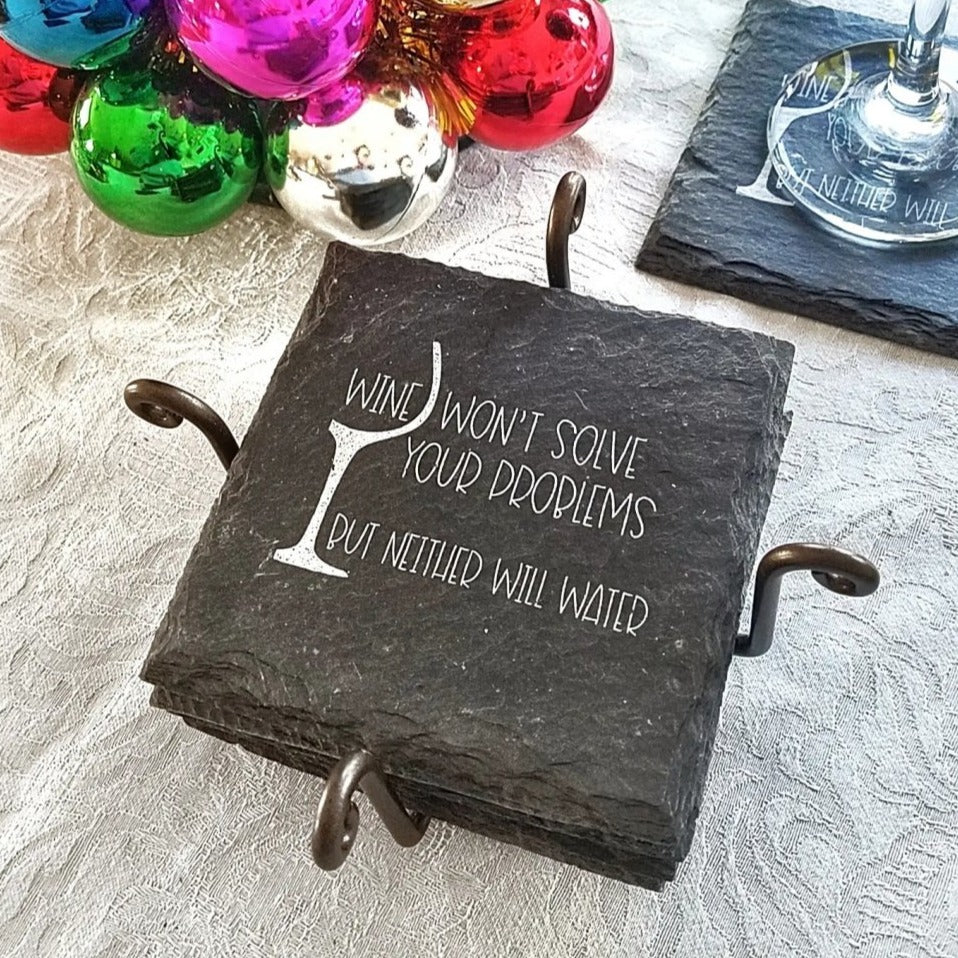 Premium Artisan Crafted Slate Coaster with leveled cork feet, showcasing natural slate texture and hand-stamped design.