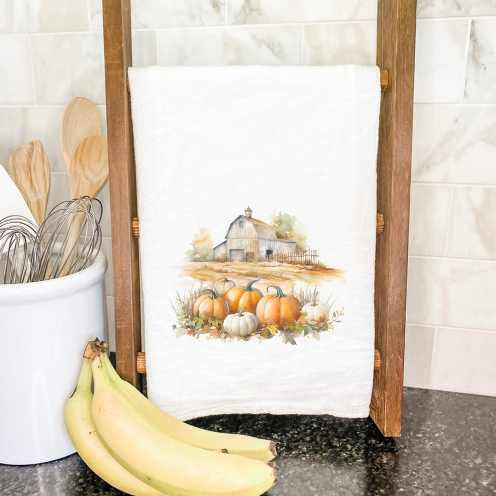 Pumpkin Farm Cotton Tea Towel featuring vibrant pumpkin design on absorbent cotton fabric, perfect for kitchen use.