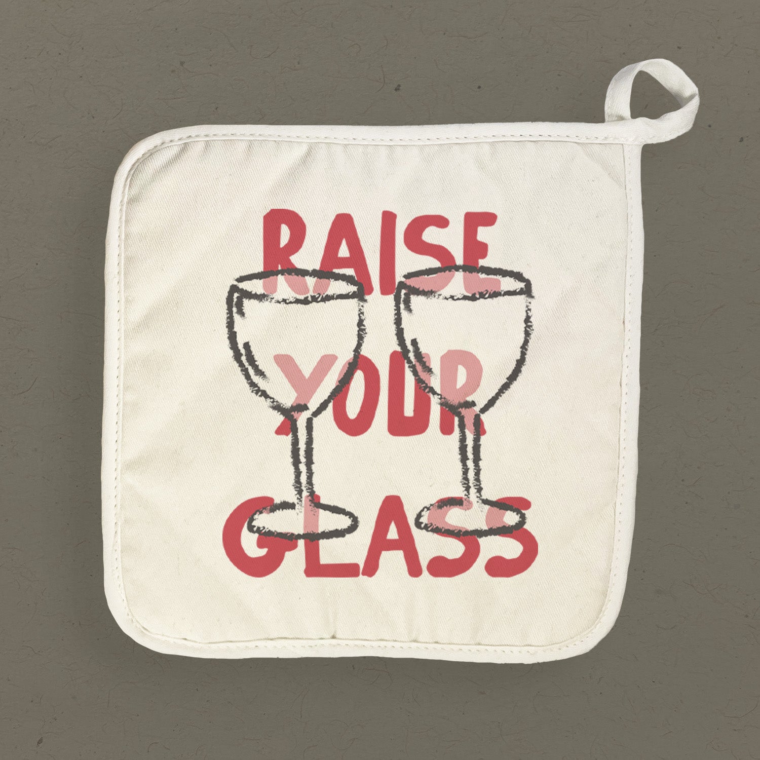 Raise Your Glass cotton pot holder featuring vibrant designs and a convenient hanging loop, perfect for protecting surfaces from hot cookware.