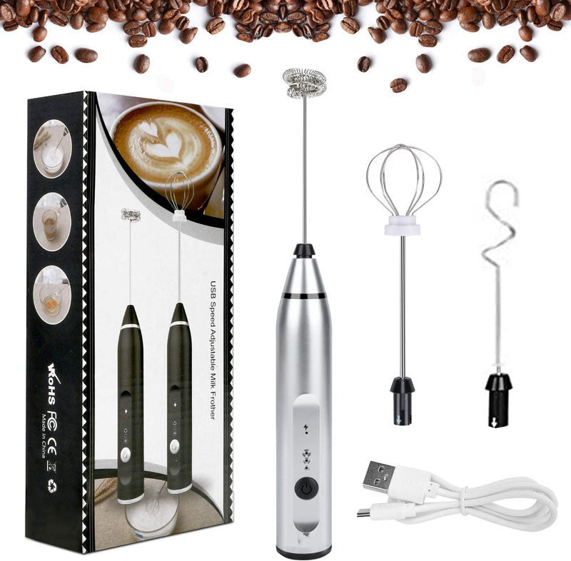 Rechargeable Electric Milk Frother in black with various attachments for frothing milk, whipping eggs, and mixing ingredients.