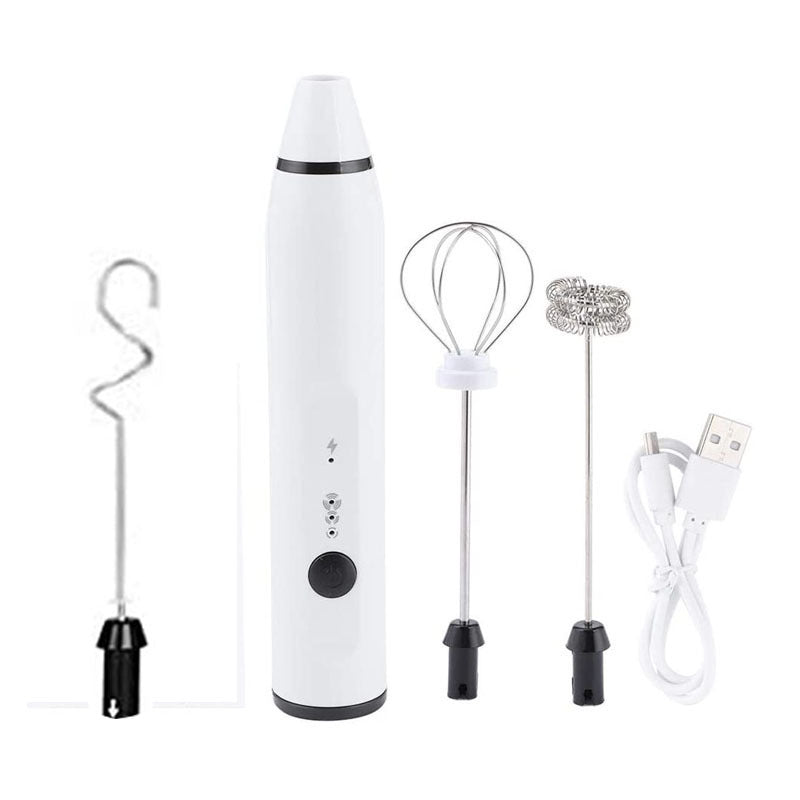 Rechargeable Electric Milk Frother in black with various attachments for frothing milk, whipping eggs, and mixing ingredients.