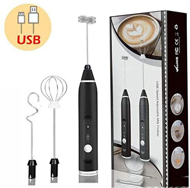 Rechargeable Electric Milk Frother in black with various attachments for frothing milk, whipping eggs, and mixing ingredients.