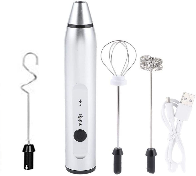 Rechargeable Electric Milk Frother in black with various attachments for frothing milk, whipping eggs, and mixing ingredients.