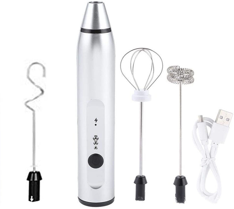 Rechargeable Electric Milk Frother in black with various attachments for frothing milk, whipping eggs, and mixing ingredients.