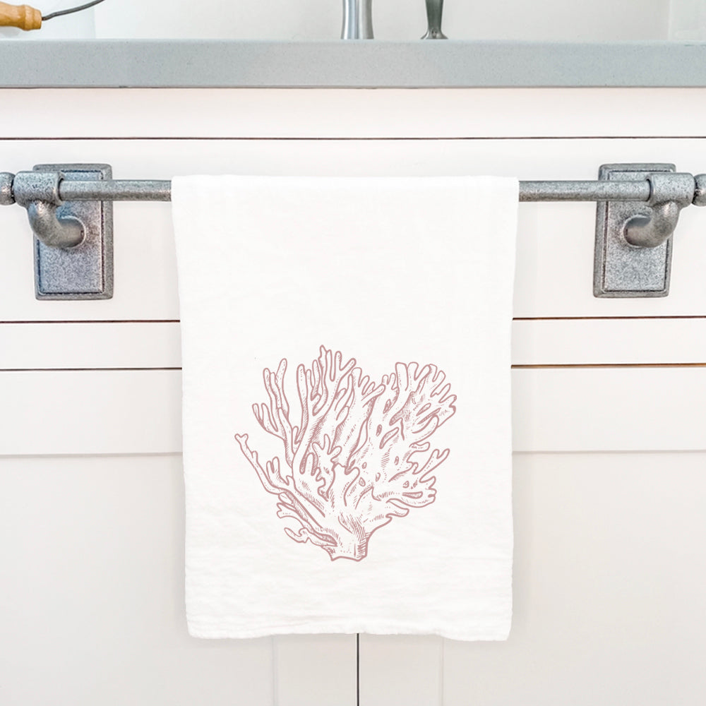 Red Coral Cotton Tea Towel featuring a vibrant coral design, hemmed edges, and made from 100% absorbent cotton.