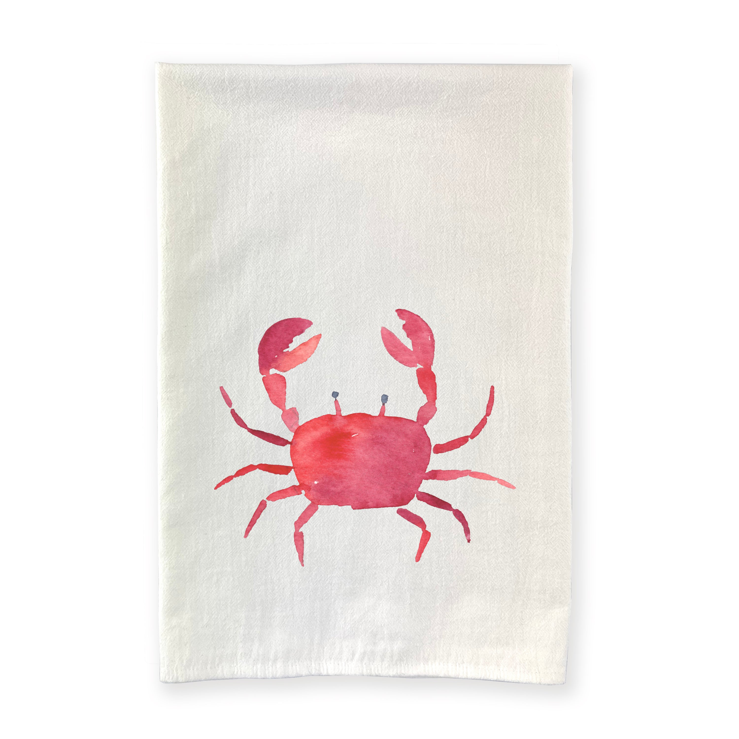 A vibrant red crab design on a 100% cotton tea towel, showcasing its absorbent texture and hemmed edges.