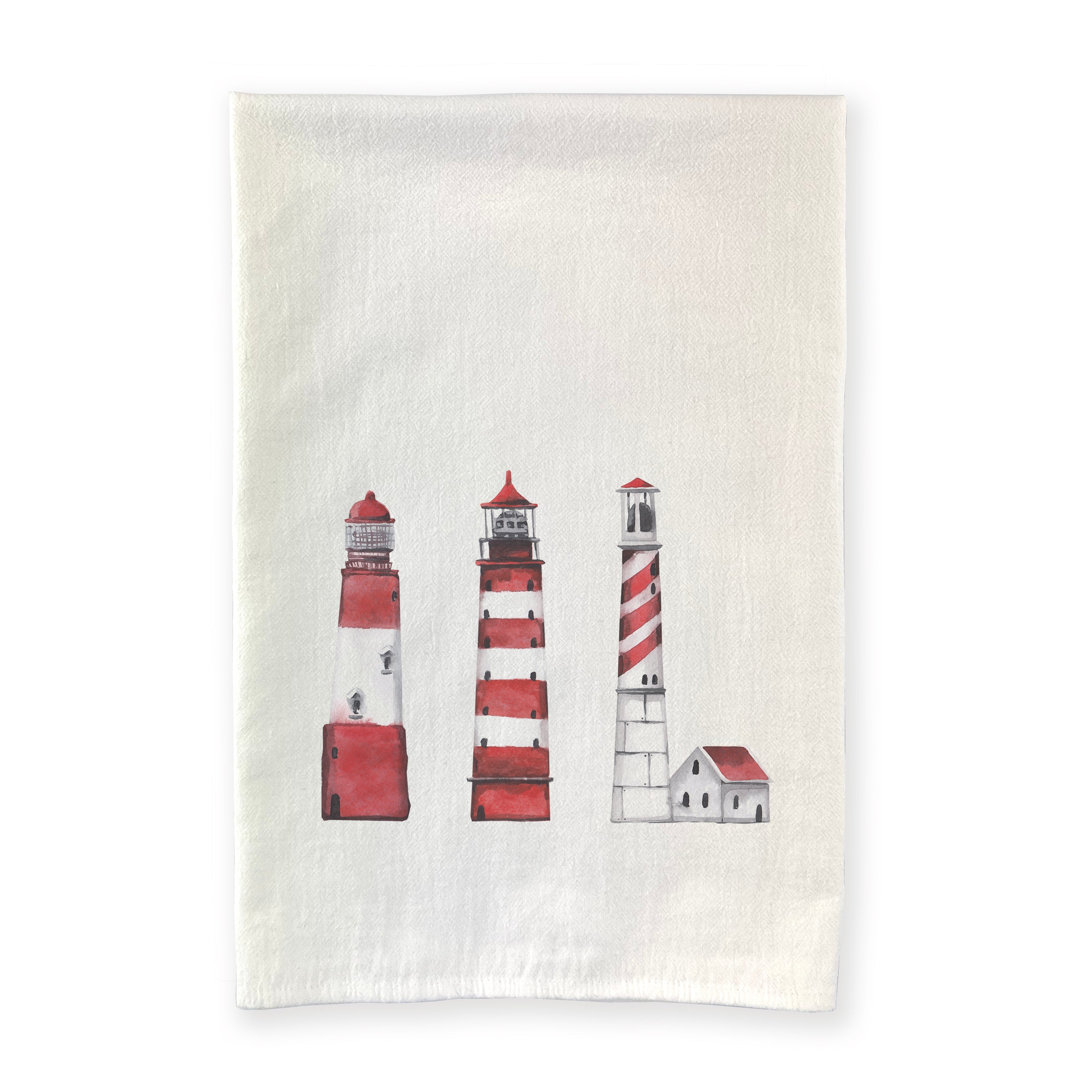 A vibrant red cotton tea towel featuring a lighthouse design, perfect for kitchen use and decorative purposes.