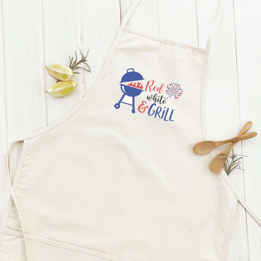 Red White and Grill Women's Apron featuring elegant design, adjustable neck, and divided front pocket, made from durable cotton canvas.