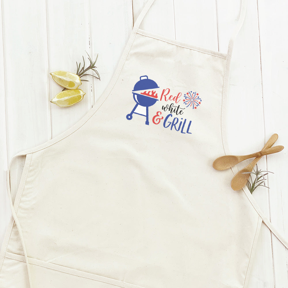 Red White and Grill Women's Apron featuring elegant design, adjustable neck, and divided front pocket, made from durable cotton canvas.