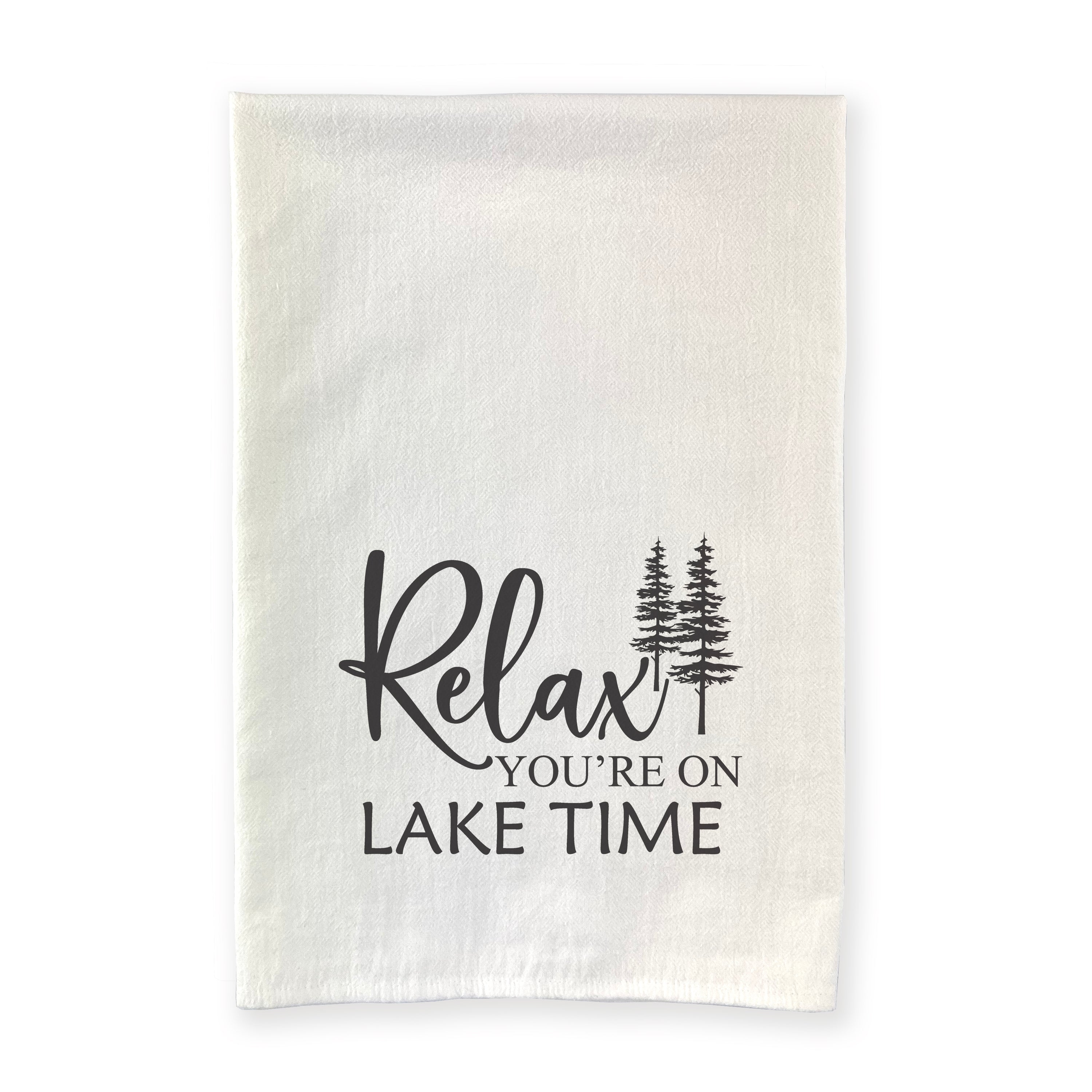 Relax You're on Lake Time cotton tea towel featuring a vibrant lakeside design, perfect for kitchen use.