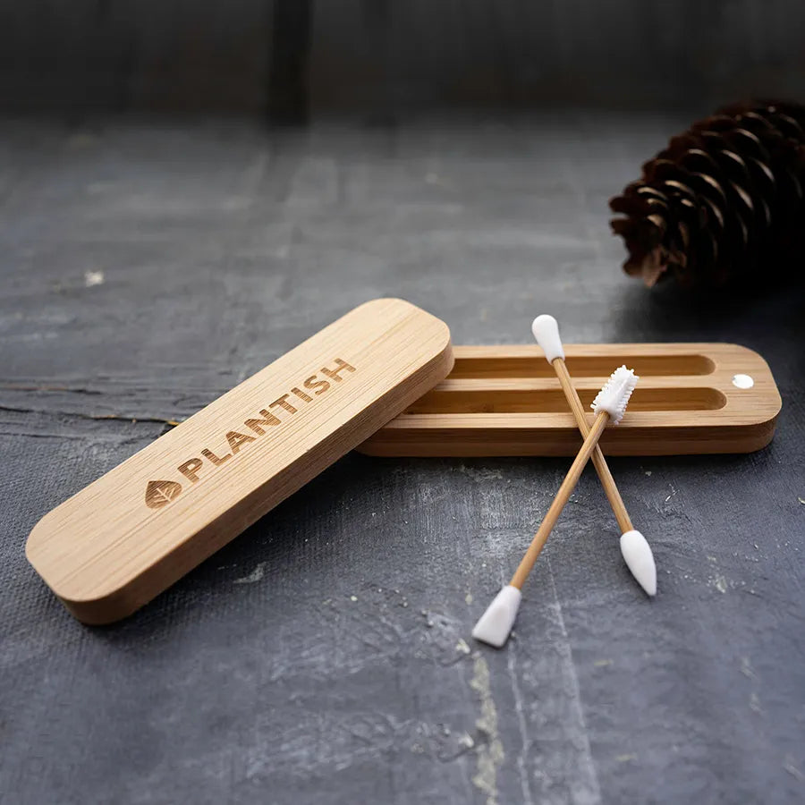 Plantish reusable cotton buds with a travel case, made from bamboo and silicone, showcasing their eco-friendly design.