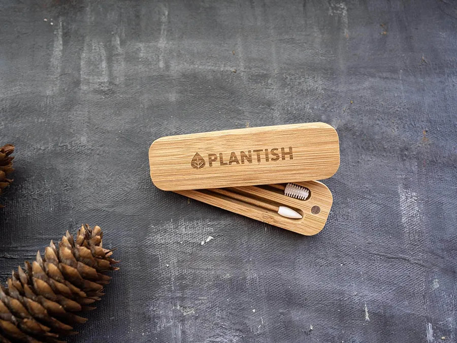 Plantish reusable cotton buds with a travel case, made from bamboo and silicone, showcasing their eco-friendly design.