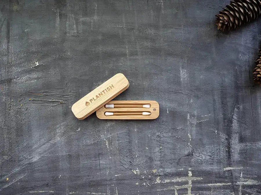 Plantish reusable cotton buds with a travel case, made from bamboo and silicone, showcasing their eco-friendly design.