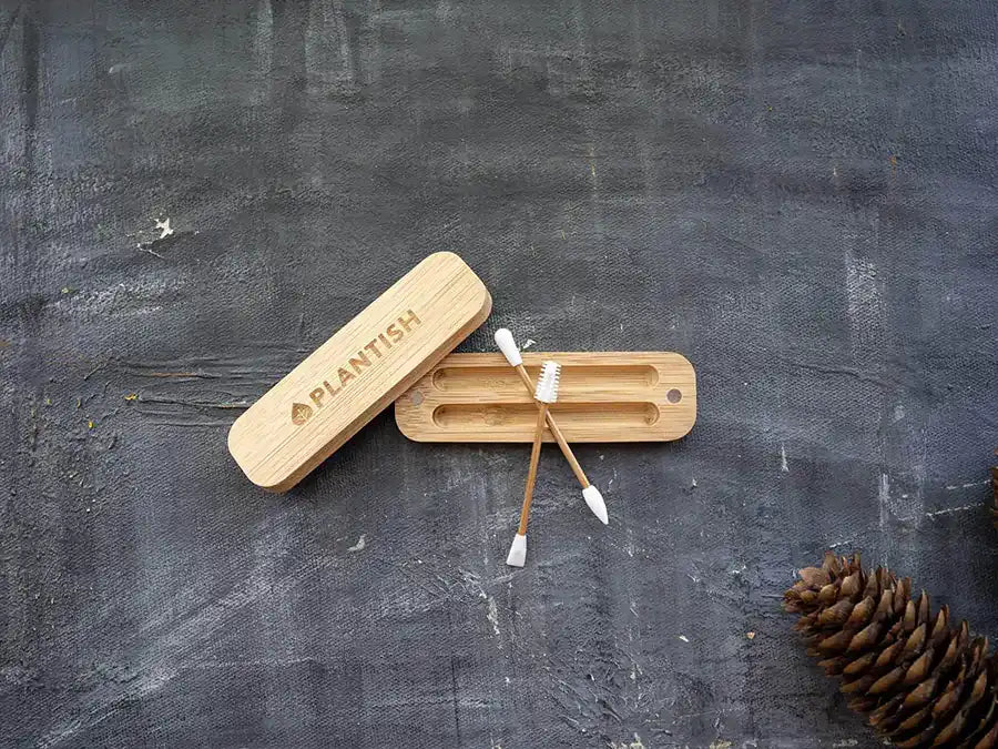 Plantish reusable cotton buds with a travel case, made from bamboo and silicone, showcasing their eco-friendly design.