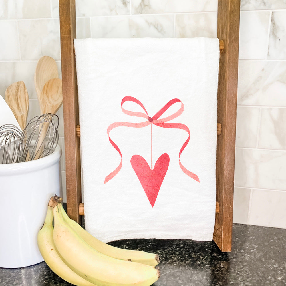 Ribbon Heart Cotton Tea Towel featuring a vibrant heart design, made from 100% absorbent cotton, perfect for kitchen use.