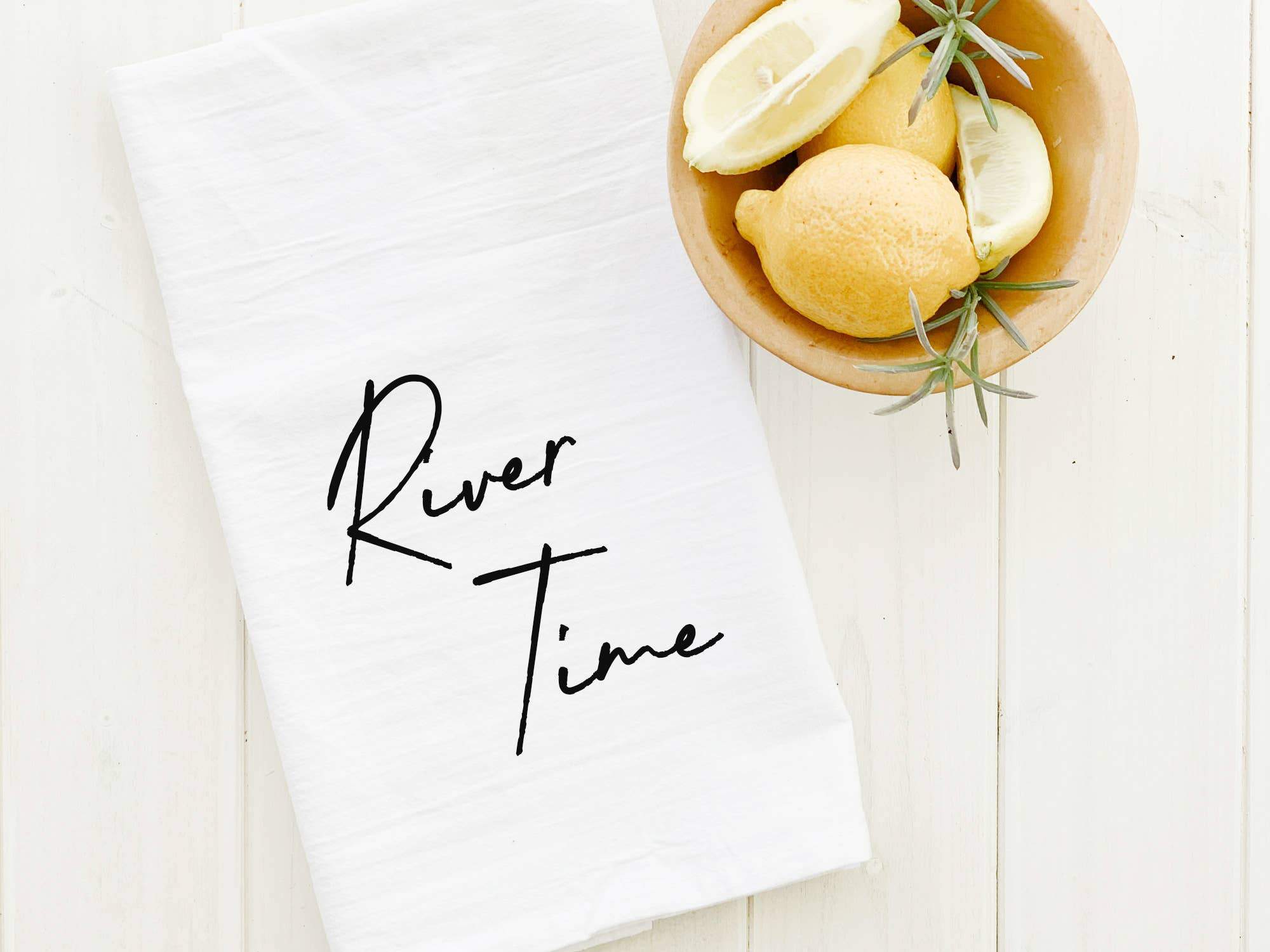 River Time Cotton Tea Towel featuring vibrant water-based ink designs on absorbent 100% cotton fabric, measuring 27 inches square.