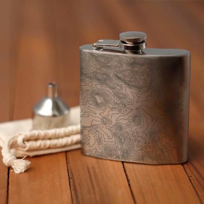 Custom engraved 6oz hip flask featuring a detailed map of Rocky Mountain National Park, Colorado, with a canvas bag and funnel.