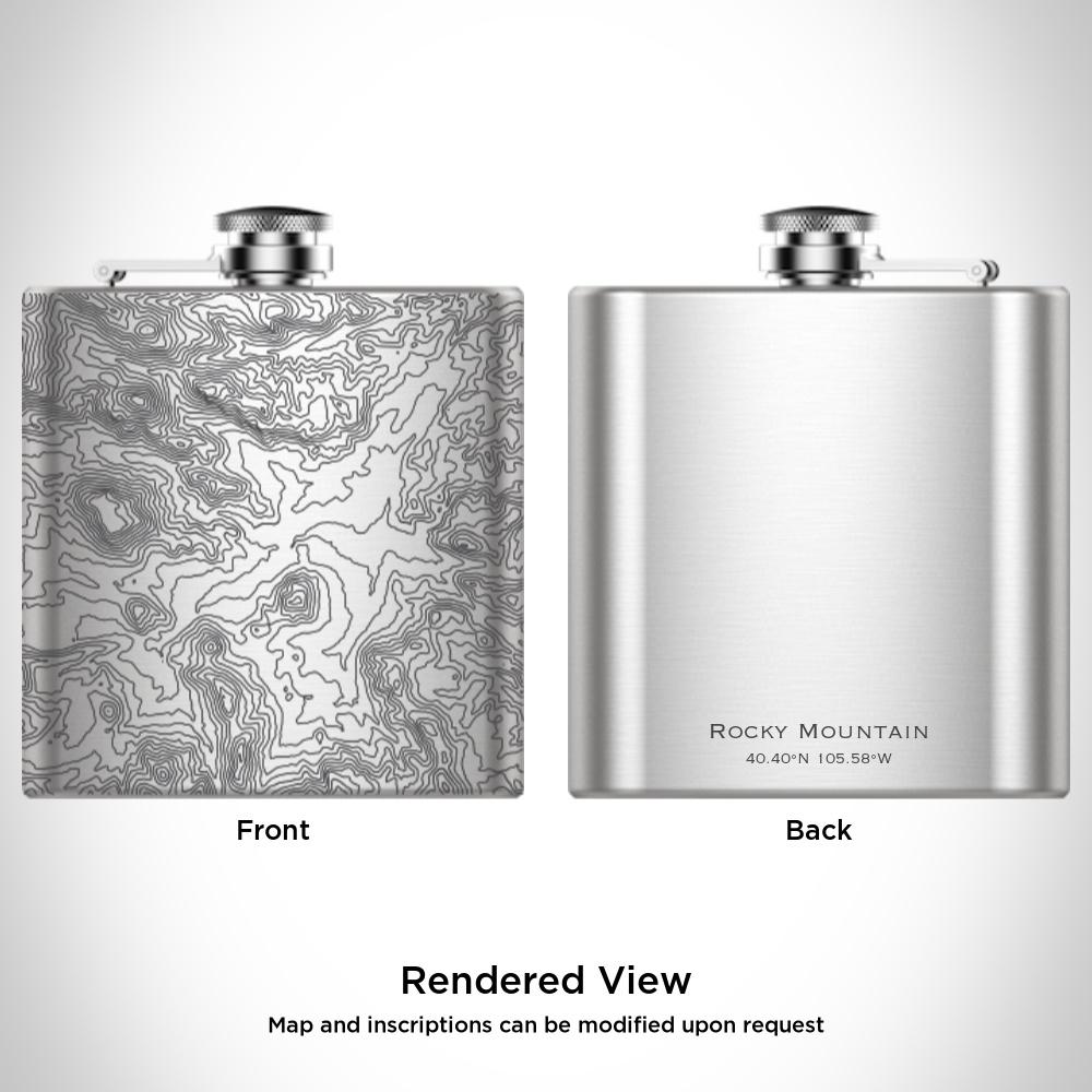 Custom engraved 6oz hip flask featuring a detailed map of Rocky Mountain National Park, Colorado, with a canvas bag and funnel.