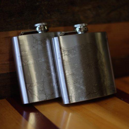 Custom engraved 6oz hip flask featuring a detailed map of Rocky Mountain National Park, Colorado, with a canvas bag and funnel.