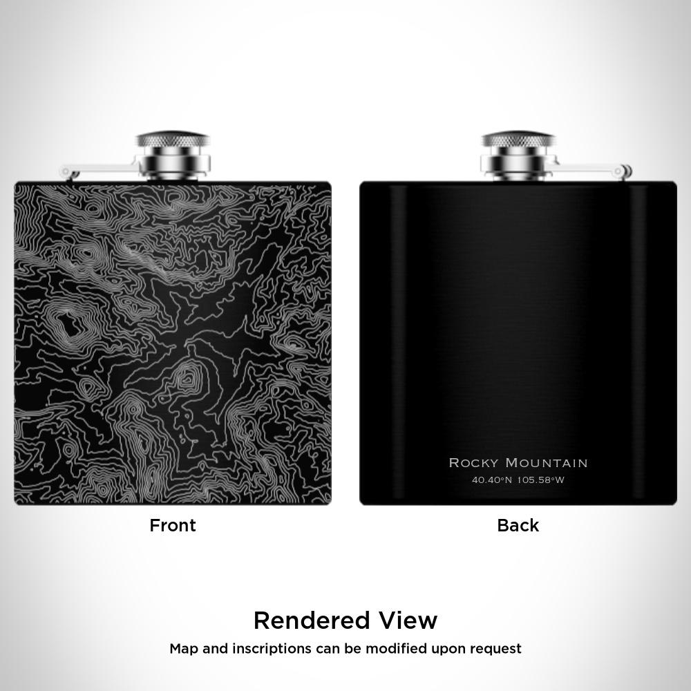 Custom engraved matte black hip flask featuring a detailed map of Rocky Mountain National Park, Colorado, with coordinates.