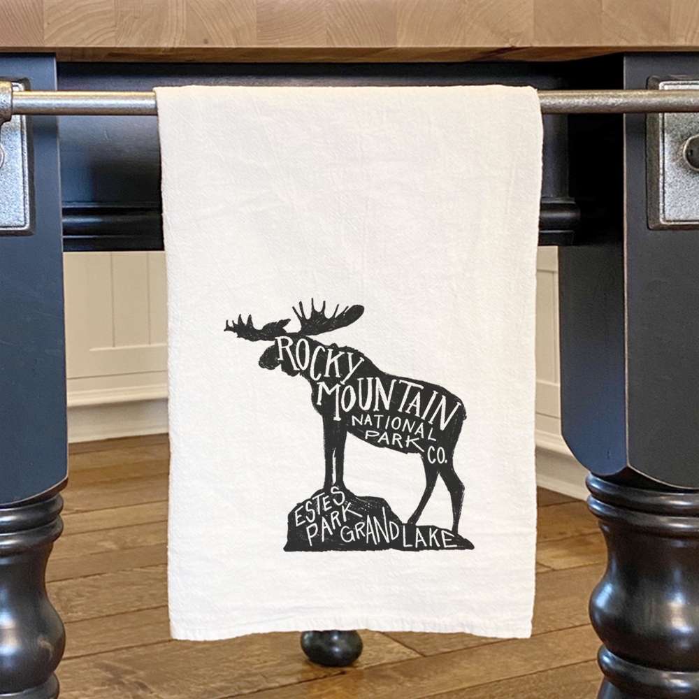 Rocky Mountain National Park Moose cotton tea towel featuring a vibrant moose design, perfect for kitchen use and decor.