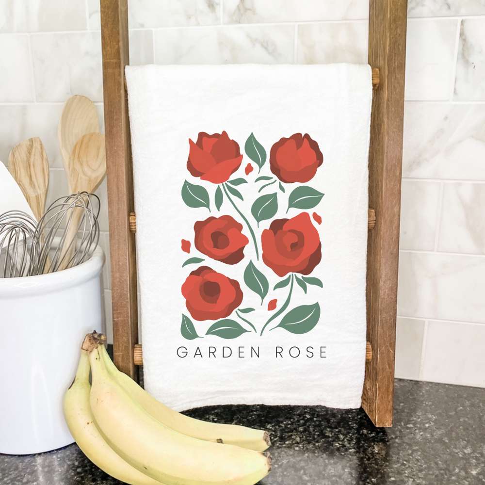 Rose (Garden Edition) cotton tea towel featuring a vibrant floral design, perfect for kitchen use.