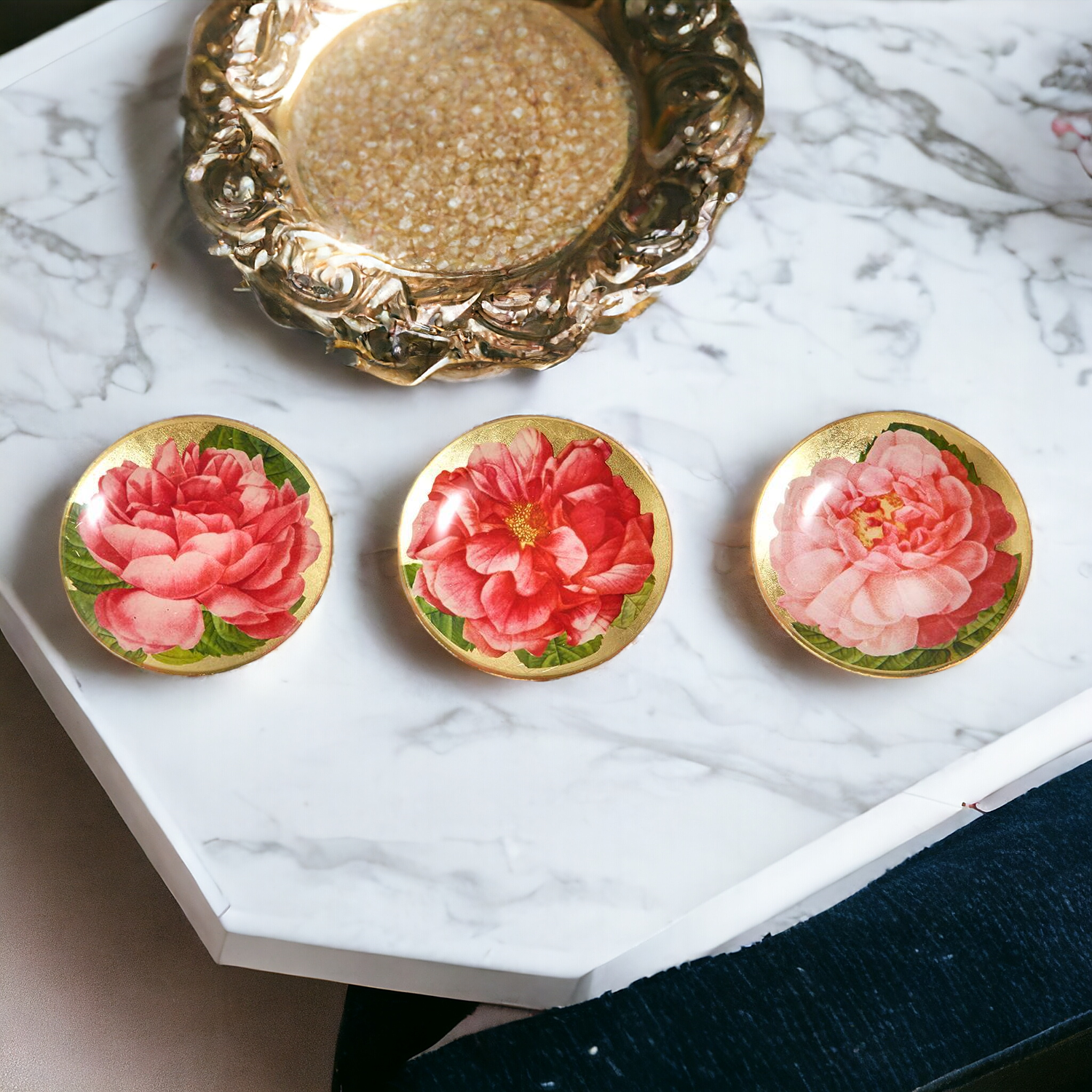 Rose Marie Trinket Tray featuring vintage rose design and gold leaf finish, perfect for home decor.