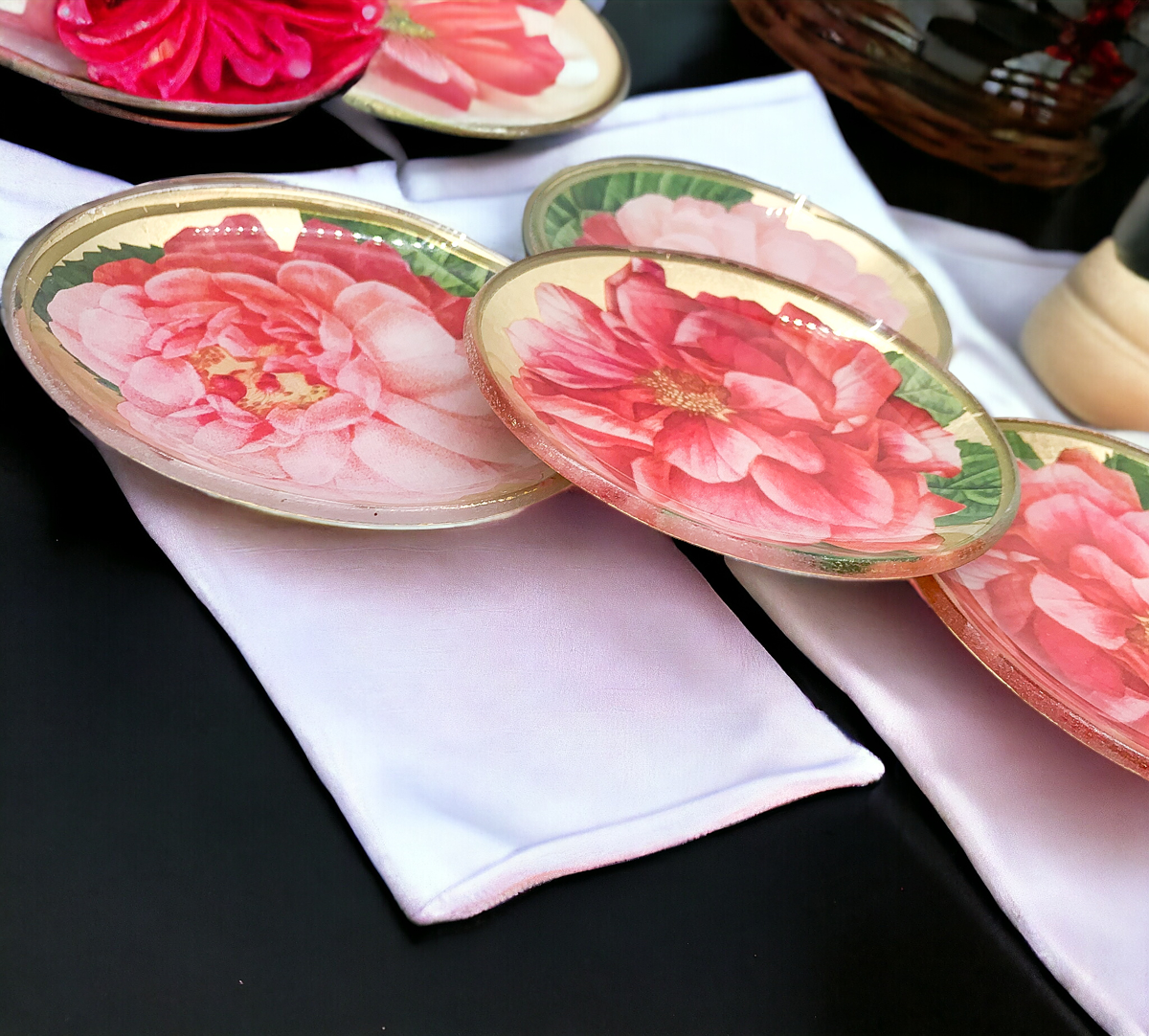 Rose Marie Trinket Tray featuring vintage rose design and gold leaf finish, perfect for home decor.