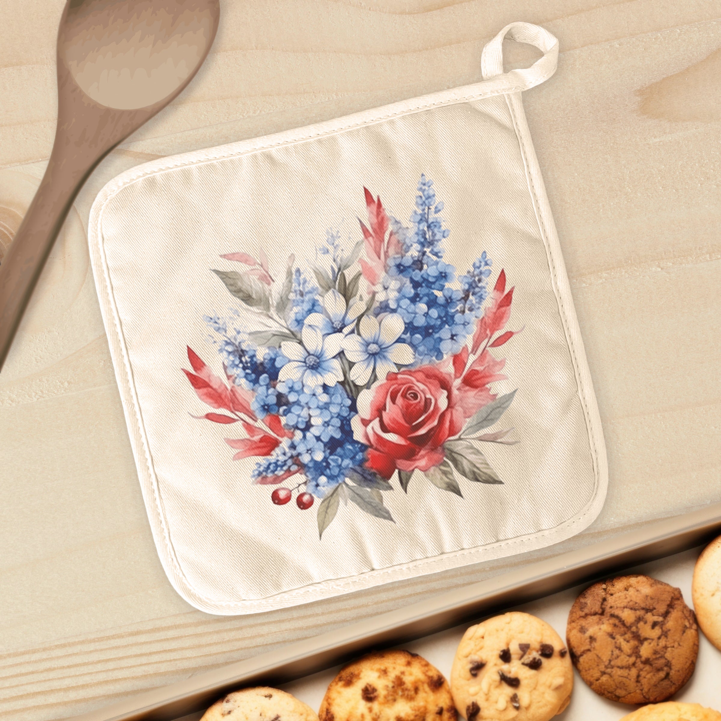 Rose Patriotic Bouquet cotton pot holder featuring vibrant floral design and convenient hanging loop.