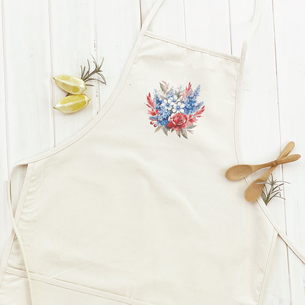 Rose Patriotic Bouquet Women's Apron featuring elegant design and practical features, made from durable cotton canvas.