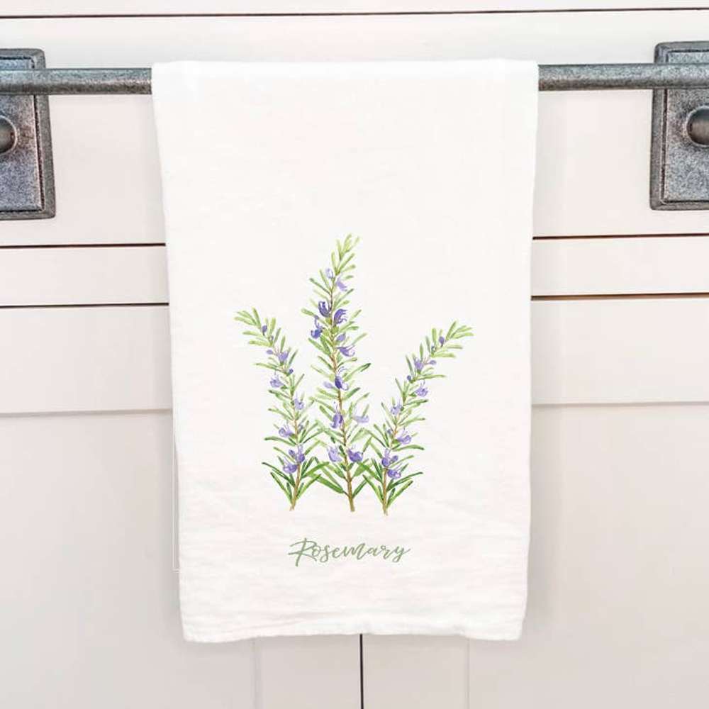 Rosemary Cotton Tea Towel featuring a vibrant floral design, made from 100% absorbent cotton, perfect for kitchen use.