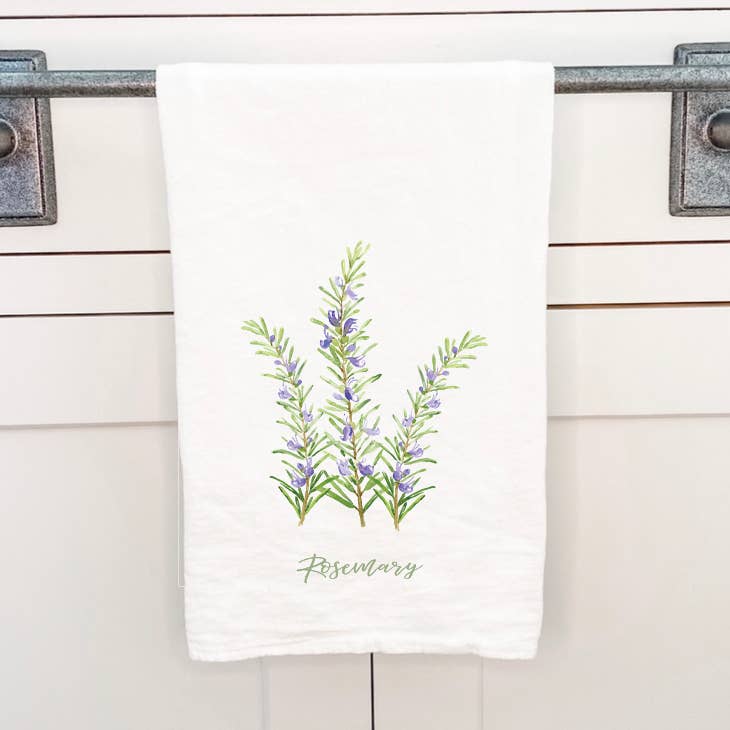 Rosemary Cotton Tea Towel featuring a vibrant floral design, made from 100% absorbent cotton, perfect for kitchen use.