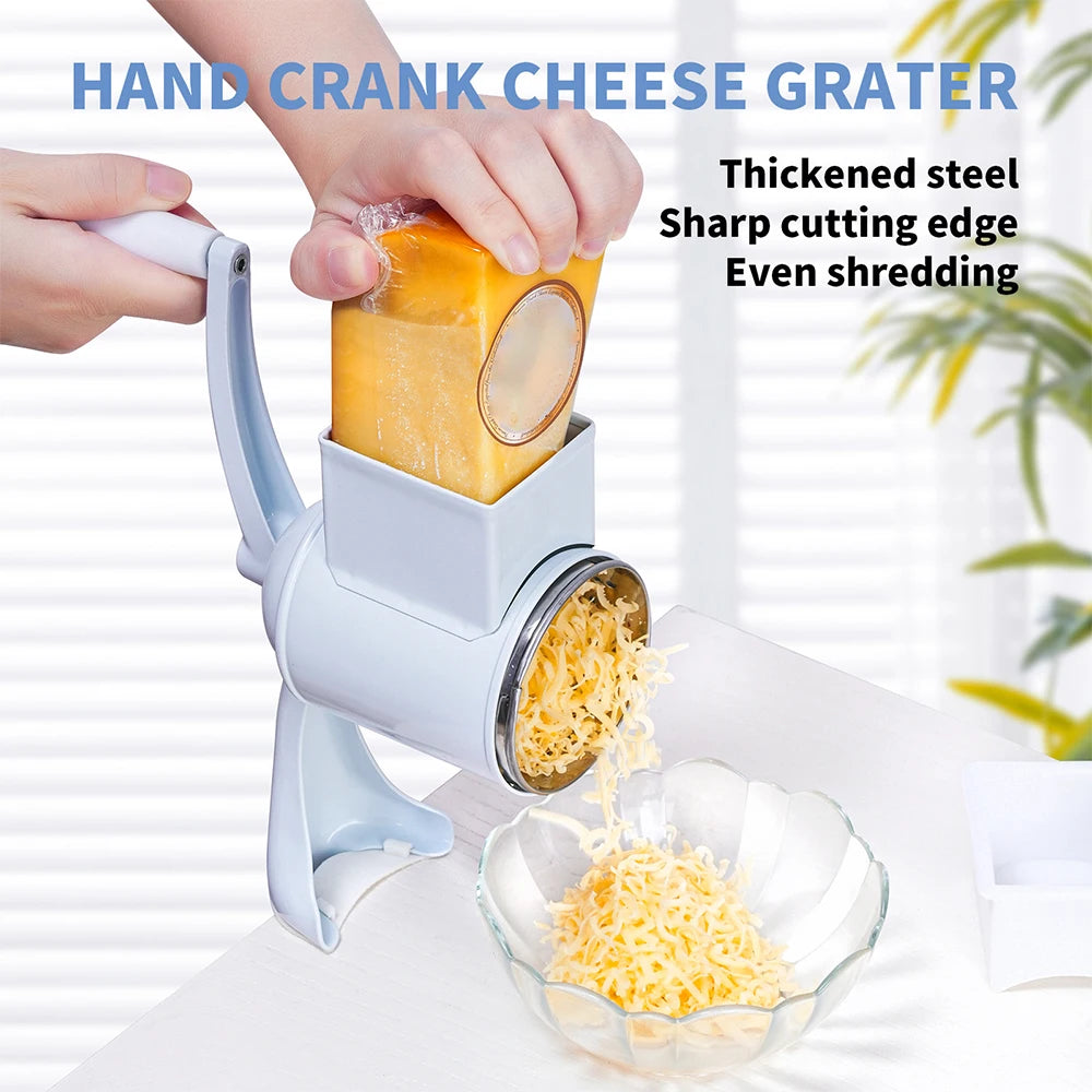 Rotary Grater Food Mills Nut Grinder with two drum blades, ideal for grating cheese, nuts, and vegetables, featuring a manual design.