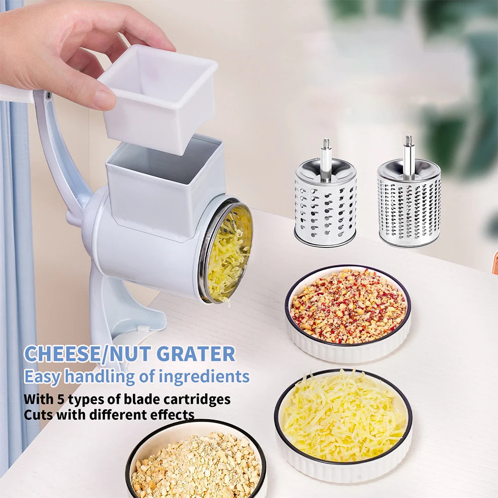 Rotary Grater Food Mills Nut Grinder with two drum blades, ideal for grating cheese, nuts, and vegetables, featuring a manual design.