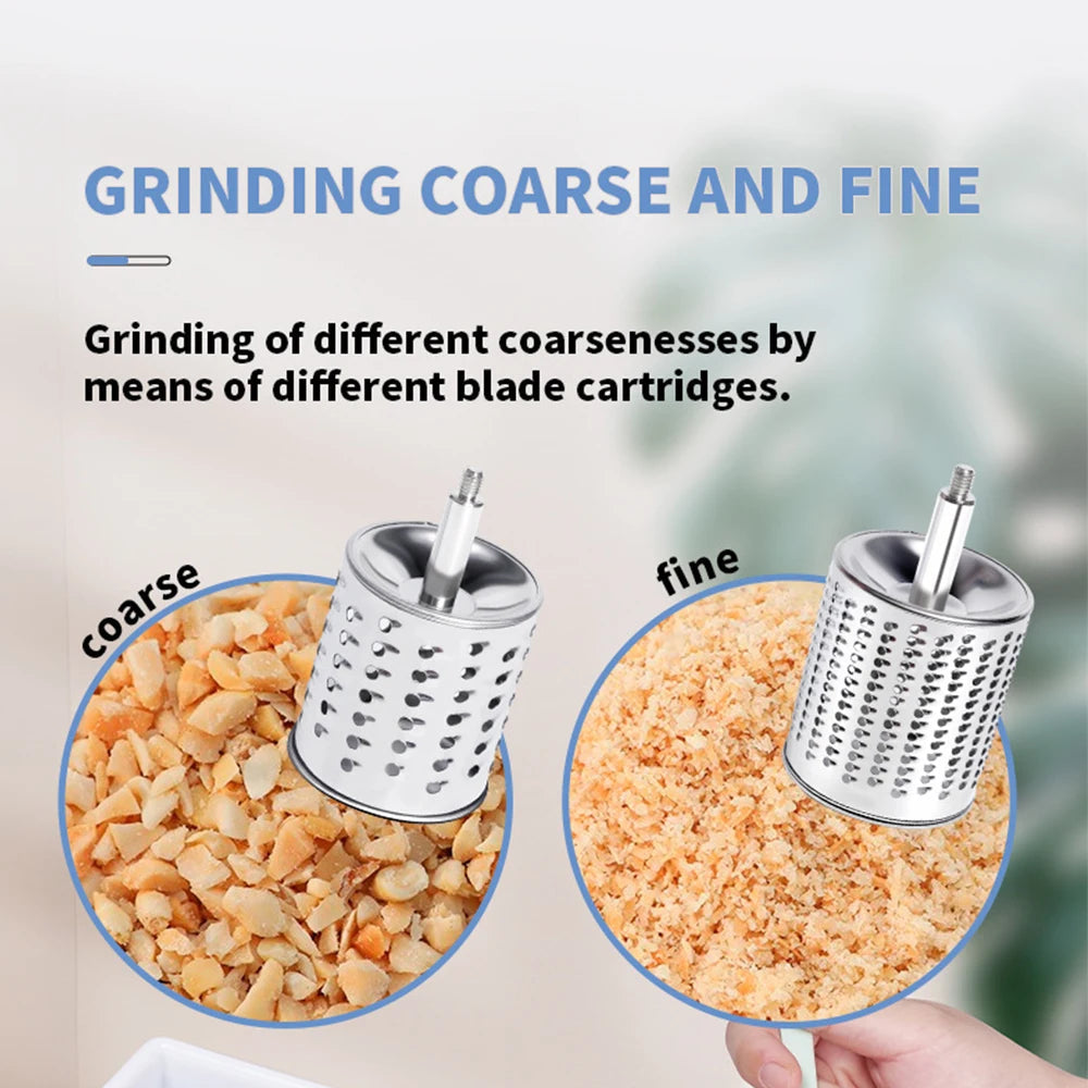 Rotary Grater Food Mills Nut Grinder with two drum blades, ideal for grating cheese, nuts, and vegetables, featuring a manual design.